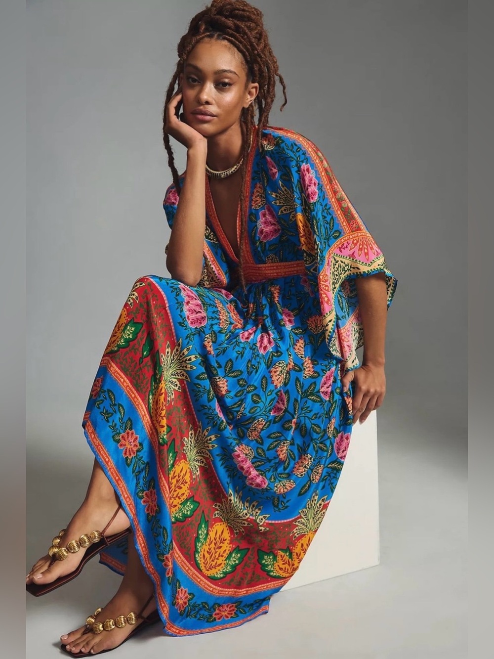 FARM Rio Pineapple Garden Maxi Kaftan Blue Dress NWT